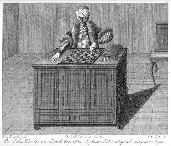 Le joueur d'échecs de Kempelen, gravure de Karl Gottlieb von Windisch dans un livre de 1783.